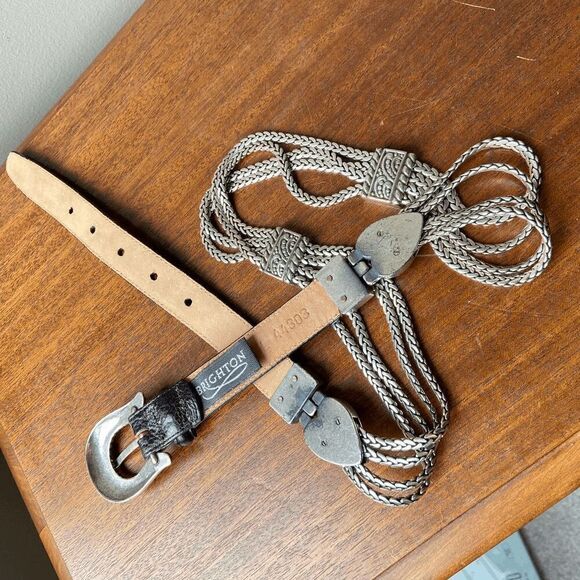 Brighton Vintage Black Leather & Silver Chain Belt Western Heart Buckle 34\